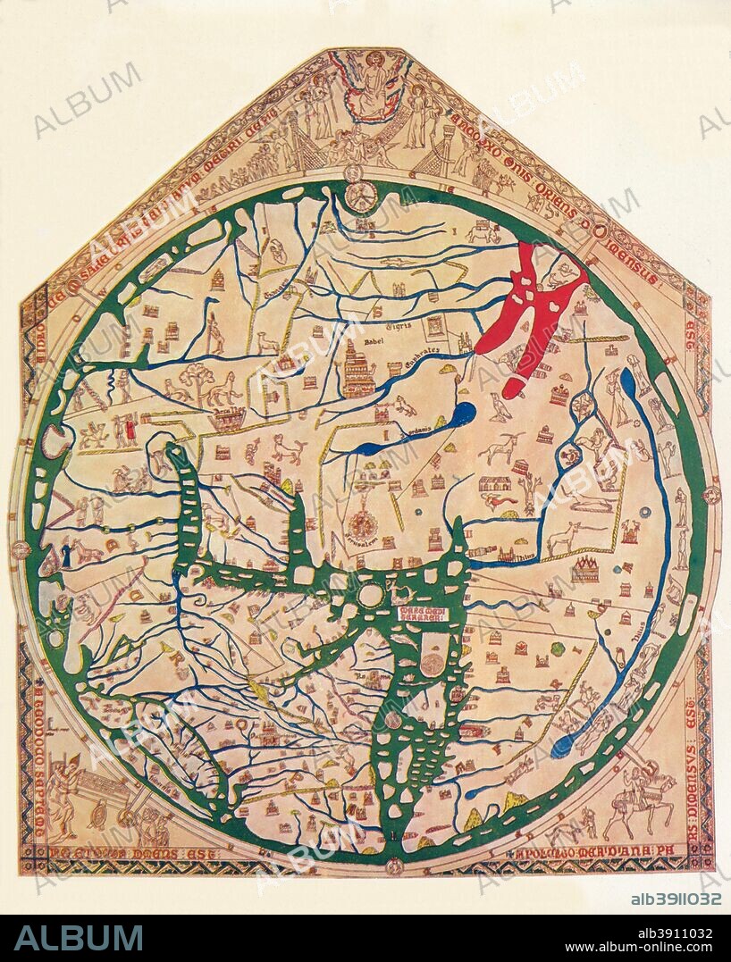 The Hereford Mappa Mundi c1285. The Hereford Mappa Mundi is currently on display at Hereford Cathedral in Hereford, England. It is the largest medieval map known to still exist. The map is signed by or attributed to one 'Richard of Haldingham and Lafford', also known as 'Richard de Bello' and is drawn on a single sheet of vellum measuring 158 cm by 133 cm. Taken from 'A Book of Discovery', published by T. C. & E. C. Jack Ltd. 1912.