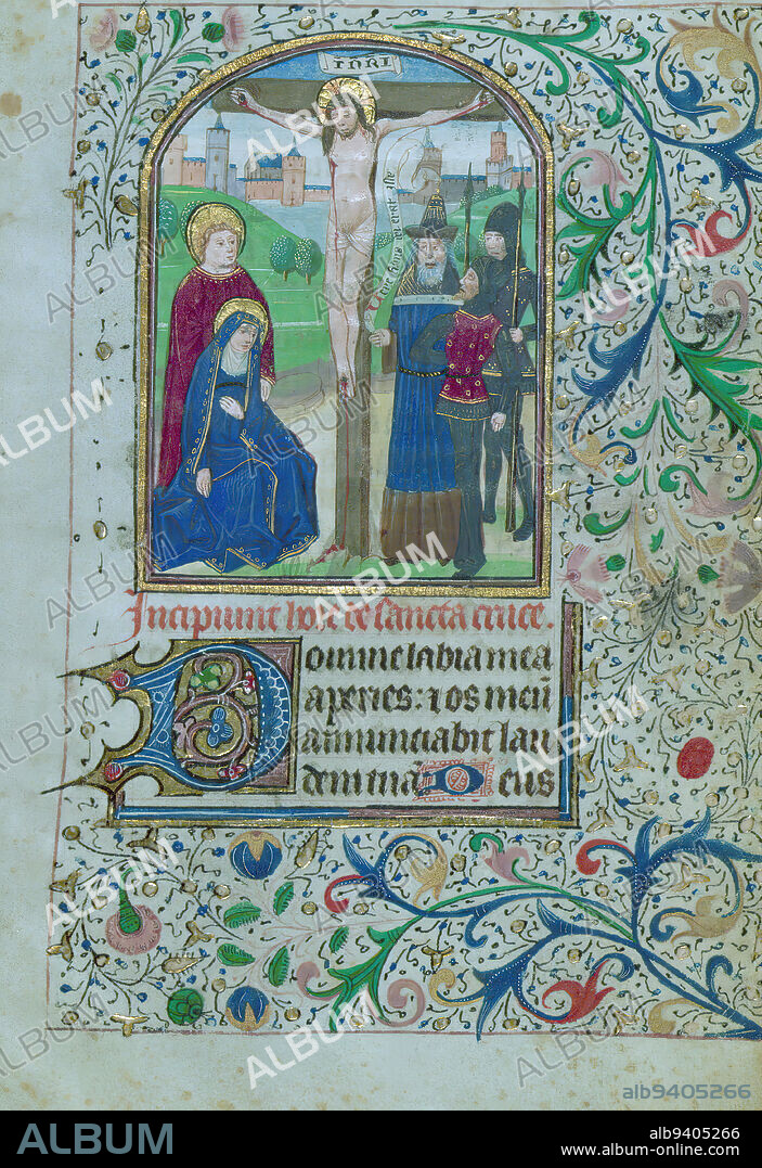 Book of Hours, Crucifixion, This Book of Hours was created ca. 1470 in Bruges by a follower of Willem Vrelant. The manuscript contains eleven extant large miniatures and one small miniature, which are representative of the standard style established by Willem Vrelant. Collects following the Office of the Dead are for a mother, father, deceased male, and a female suppliant, which offers insight into the book's use.