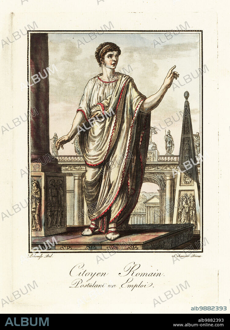 Roman citizen applying for a job in toga and sandals, ancient Rome. The tunic worn falling over the heels was the sign of pretension. In a square with arch, obelisk, statues. Citoyen Romain, Postulant en Emploi. Handcoloured copperplate drawn and engraved by L. Labrousse, artist of Bordeaux, under the direction of Jacques Grasset de Saint-Sauveur from his Lantique Rome, ou description historique et pittoresque, Ancient Rome, or historical and picturesque description, Chez Deroy, Paris, 1796.