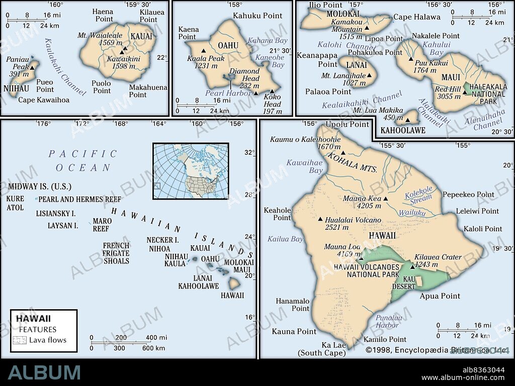 Physical map of Hawaii.