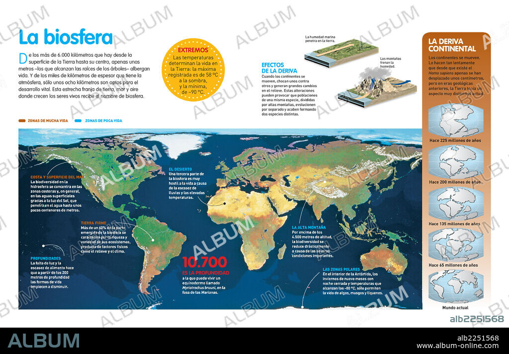 La biosfera. Infografía sobre la biosfera y los elementos que inciden en ella: el clima, el relieve y la deriva continental.