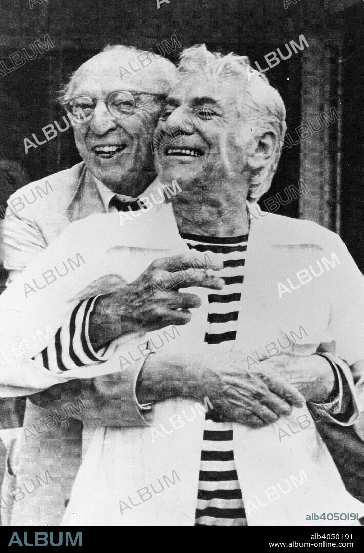 Leonard Bernstein (1918-1990) and Aaron Copland (1900-1990), American composers, 1987.