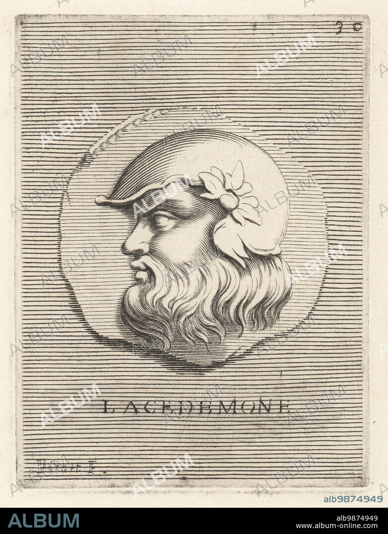 Lacedaemon, mythical king of Lacedaemon (Sparta). Son of Zeus and the Pleaid Taygete, father of Amyclas and Eurydice with his wife Princess Sparta. Head wearing a helmet from an ancient Greek bronze coin. Lacedemone. Copperplate engraving by Etienne Picart after Giovanni Angelo Canini from Iconografia, cioe disegni d'imagini de famosissimi monarchi, regi, filososi, poeti ed oratori dell' Antichita, Drawings of images of famous monarchs, kings, philosophers, poets and orators of Antiquity, Ignatio deLazari, Rome, 1699.