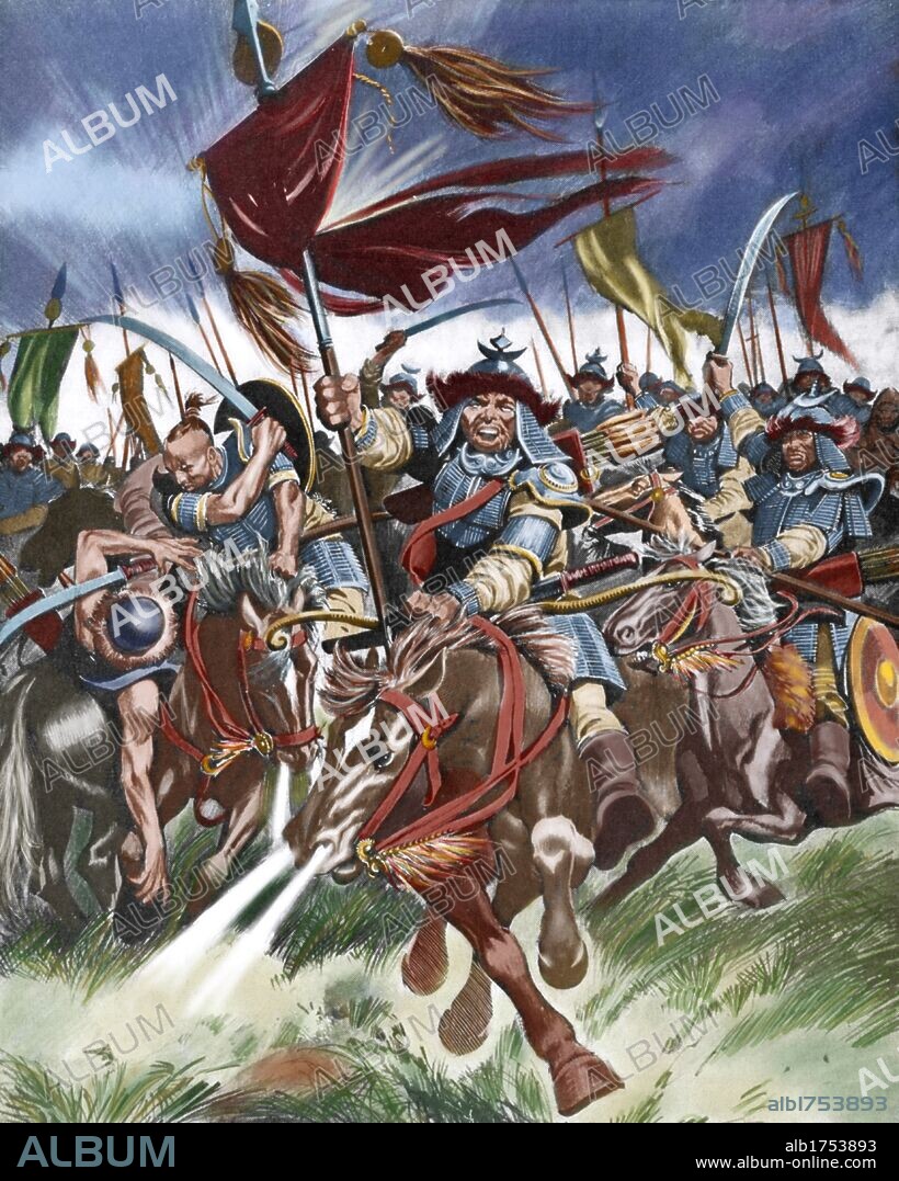 ATILA (h.385-453). Jefe de los hunos (434-453), invadió y asoló los imperios romanos de Oriente y Occidente. Grabado coloreado.