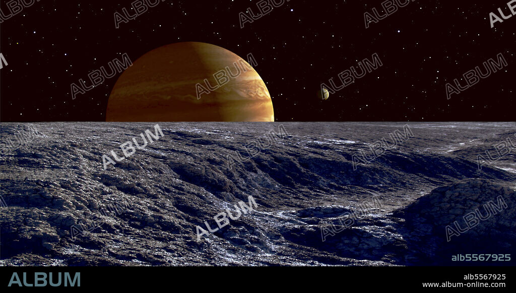 The gas-giant Jupiter is seen here some 530,000 kilometres away from Europa's rugged surface. Another of Jupiter's moons, Io, circles in it's orbit about 240,000 km inwards of Europa.