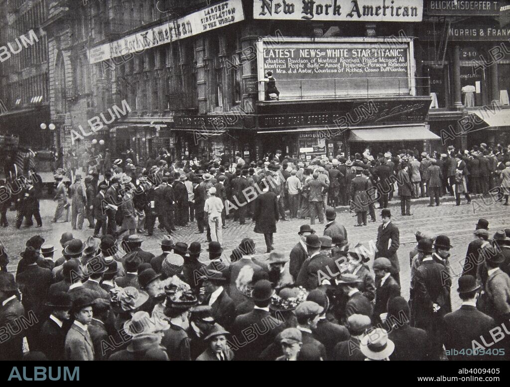 Reports of the sinking of the 'Titanic' arrive in New York, USA, April 1912. As the reports of the disaster arrived, people gathered around newspaper bulletin boards. Operated by the White Star Line, RMS 'Titanic' struck an iceberg in thick fog off Newfoundland on 14 April 1912. She was the largest and most luxurious ocean liner of her time, and thought to be unsinkable. In the collision five of her watertight compartments were compromised and she sank. Out of the 2228 people on board, only 705 survived. A major cause of the loss of life was the insufficient number of lifeboats she carried.