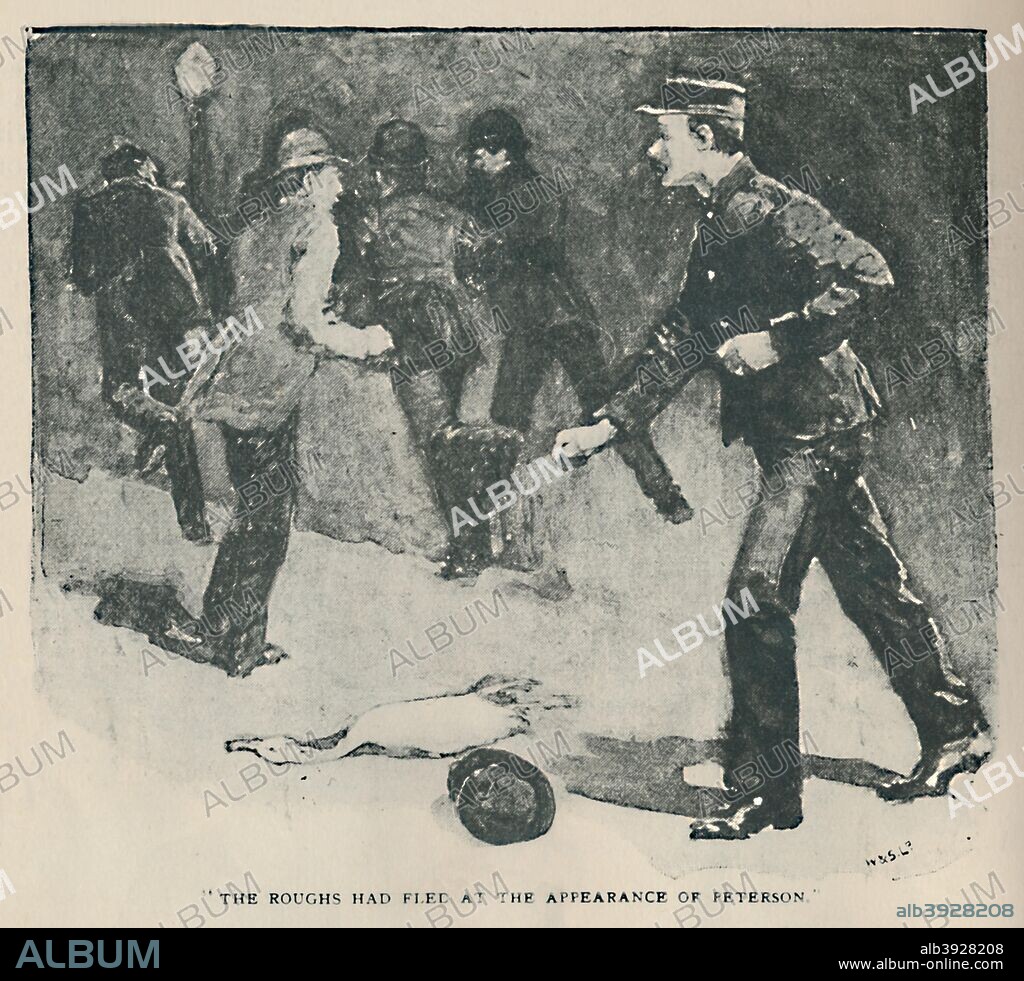 'The Roughs Had Fled At The Appearance of Peterson', 1892. Illustration from 'The Adventure of the Blue Carbuncle' by Arthur Conan Doyle.  From The Strand Magazine: An Illustrated Monthly - Vol. III. January to June, edited by George Newnes. [George Newnes, London, 1892].