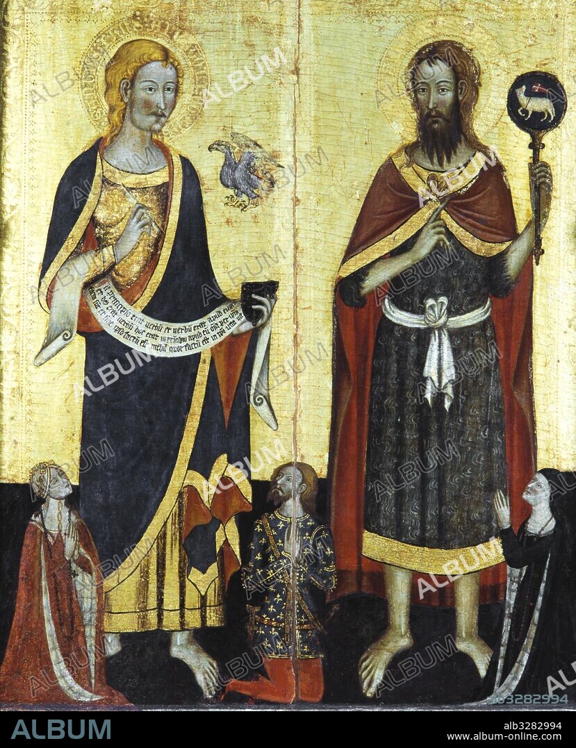 MESTRE DE SANTA COLOMA DE QUERALT. Retablo de los santos Juanes, hacia 1356. Temple y dorado con pan de oro sobre tabla.  220,5 x 209,8 x 11,5 cm. Procede de la capilla del castillo de Santa Coloma de Queralt (Conca de Barberà). Museu Nacional d'Art de Catalunya.