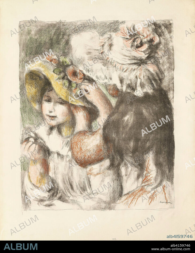 Pinning the Hat. Pierre Auguste Renoir (French, 1841-1919); printed by Auguste Clot (French, 1858-1936). Date: 1898. Dimensions: 769 × 625 mm. Lithograph from five stones in black, orange, salmon, yellow and green on ivory laid paper. Origin: France.