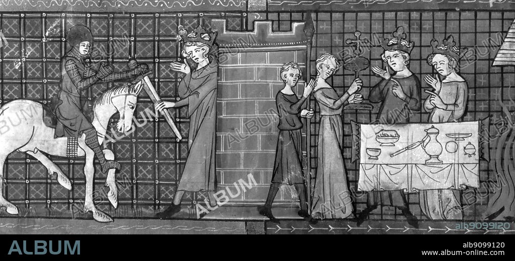 In the castle of the Holy Grail Perceval presented with the sword by the Fisher King while the Grail is borne to the table.