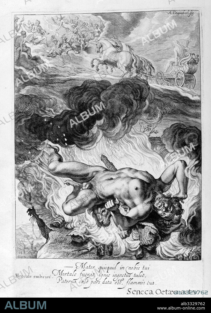 Hercules driven to madness. Engraving from 'Tableaux du temple des muses' (1655) by Michel de Marolles (1600 - 1681), known as the abbe de Marolles; a French churchman and translator.