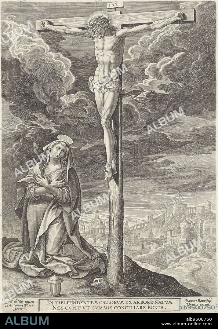 Christ hangs on the cross, at the foot lies a skull. Mary Magdalene mourns beneath the cross, her beatific pot standing before her. In the background, a view of Jerusalem. In the frame in the margin a two-line caption in Latin. Christ on the Cross, print maker: Antonie Wierix (II), (mentioned on object), Maerten de Vos, (mentioned on object), publisher: Johannes Baptista Vrints (I), (mentioned on object), Antwerp, 1584, paper, engraving, h 241 mm × w 167 mm.
