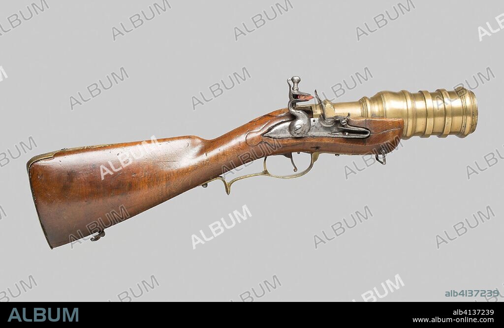 Flintlock "Hand Mortar" Gun. German. Date: 1740. Dimensions: L. 61 cm (24 in.)
Barrel L. 22.5 cm (8 7/8 in.)
Wt. 9 lb. Steel, brass, iron, and walnut. Origin: Germany.
