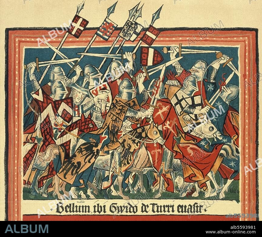 Henri VII de Luxembourg, empereur allemand ; 1274-1313. Le roi Henri réprime l'insurrection des Milanais, dirigé par Guido della Torre le 12 février 1311. Enluminure, vers 1350. Tirée du Codex Balduini Trevirensis. Coblence, Staatsarchiv.