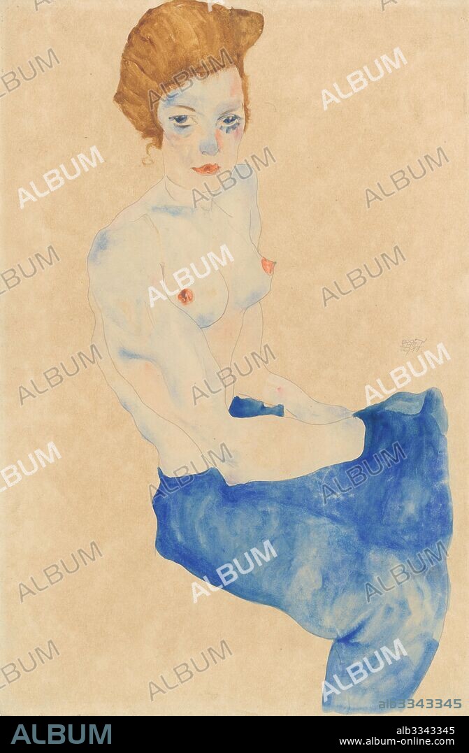 EGON SCHIELE. Sitting young woman, half nude with blue skirt (Wally Neuzil).