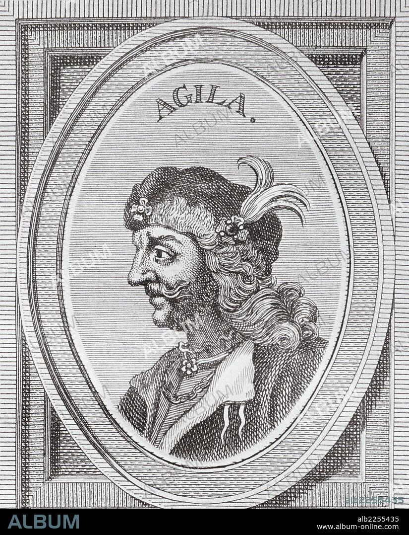 AGILA. REY VISIGODO. GRABADO RETRATO DE ARNOLDO VANWESTER , AÑO 1684. BIBLIOTECA NACIONAL. MADRID.
