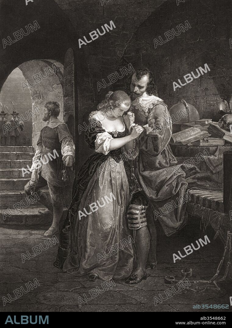 Sir Walter Raleigh Parting With His Wife. 19th century engraving after a painting by Emanuel Gottlieb Leutze (1816-1868). Sir Walter Raleigh, 1554-1618. Illustration shows him shortly before his execution bidding farewell to his wife Elizabeth (nee Throckmorton), 1565-1647.