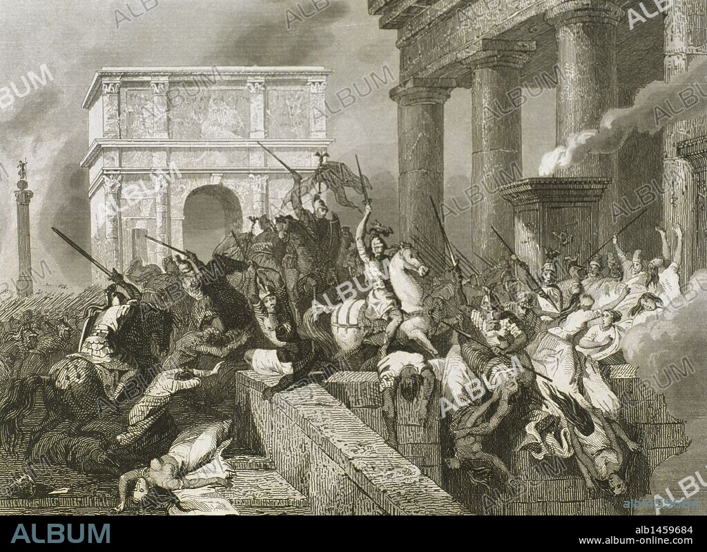 Sack of Rome by the Visigoths led by Alaric I in 410, during the reign of Emperor Honorius. Engraving.