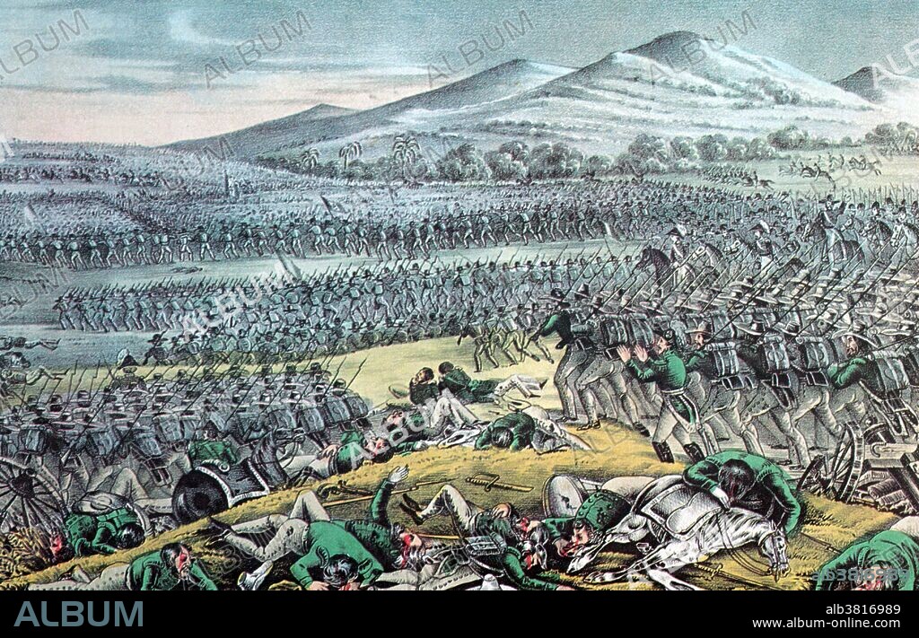 Lithograph entitled: "Flight of the Mexican Army at the Battle of Buena Vista, February 23, 1847."The Battle of Buena Vista (February 23, 1847), also known as the Battle of Angostura, saw the US Army use artillery to repulse the much larger Mexican army in the Mexican-American War. The battle was the last major battle in northern Mexico. It was Taylor's greatest victory of the war and helped him win election as President of the United States in 1848. The Mexican-American War was an armed conflict between the United States of America and Mexico from 1846 to 1848 in the wake of the 1845 US annexation of Texas. Combat operations lasted from spring 1846 to fall 1847. American forces quickly occupied New Mexico and California and then invaded parts of Northeastern Mexico and Northwest Mexico. The Pacific Squadron conducted a blockade, and took control of several garrisons on the Pacific coast in Baja California. After Mexico would still not agree to the cession of its northern territories, another American army captured Mexico City, and the war ended in victory of the US. The Treaty of Guadalupe Hidalgo forced Mexican Cession of the territories of Alta California and New Mexico to the US in exchange for $18 million. In addition, the United States forgave debt owed by the Mexican government to US citizens. Mexico accepted the Rio Grande as its national border, and the loss of Texas.