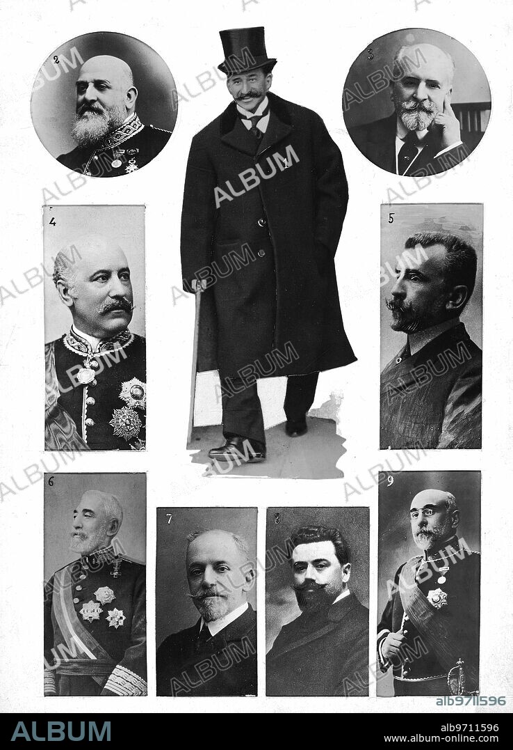 1912. El nuevo Gobierno. 1. - el presidente del Consejo, señor Conde de Romanones. 2. - el ministro de gracia y Justicia, D. Antonio Barroso. 3. - el ministro de instrucción Pública, D. Antonio López Muñoz. 4. - el ministro de Estado, D. Juan navarro Reverter. 5. - el ministro de Marina, D. Amalio Gimeno. 6. - el ministro de la Guerra, general Agustín Luque. 7. - el ministro de la Fomento, D. Miguel Villanueva. 8. - el ministro de la Gobernación, D. Santiago Alba. 9. - el ministro de Hacienda, D. Félix Suárez Inclán. Foto: Calyache, Franzen.