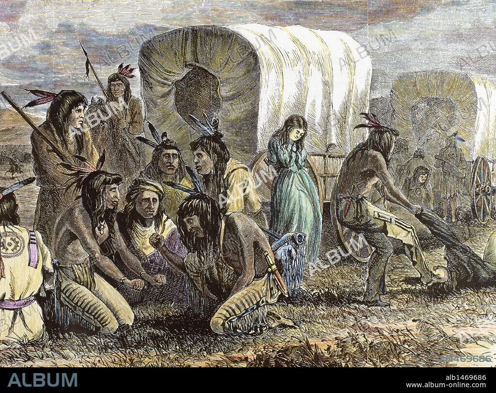 Indios CHEYENNES tras asaltar una caravana de colonos. Oregon, 1874. Grabado coloreado.