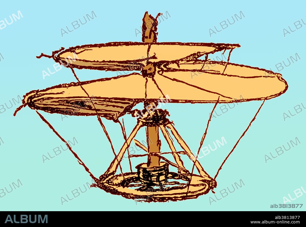 A sketch by Leonardo da Vinci of a flying machine known as the "helical air screw" or the "airscrew". It was designed to compress air to obtain flight, similar to modern helicopters.