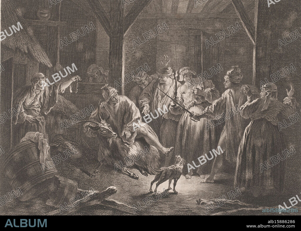 Man falls on top of a goat, La Rappinière tombe sur la chèvre (title on object), Scenes from the Roman Comique by Scarron (series title), Company at night in a stable, including a man who falls on the back of a goat. Another man draws his sword at him., print maker: Louis Surugue, after painting by: Jean Baptiste François Pater, publisher: Louis Surugue, publisher: Paris, France, 1730, paper, etching, engraving, height 299 mm × width 383 mm, print.