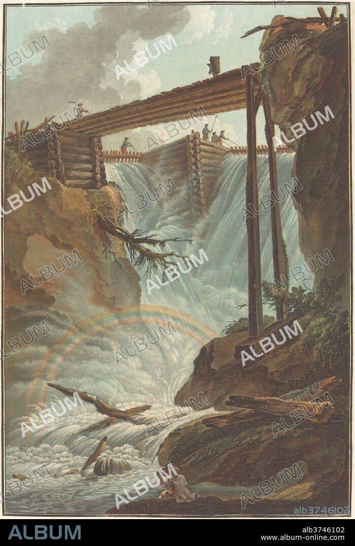 CHARLES-MELCHIOR DESCOURTIS AFTER CASPAR WOLF. Chute de la Tritt dans la vallée de Muhlethal. Dated: 1776. Dimensions: plate: 44.2 x 32.2 cm (17 3/8 x 12 11/16 in.)  sheet: 48.1 x 34.1 cm (18 15/16 x 13 7/16 in.). Medium: etching and wash manner printed in color on laid paper [proof].