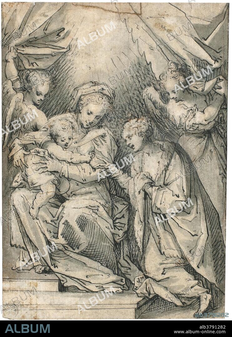 Claudio Ridolfi (Attributed to) / 'The Mystic Marriage of Saint Catherine'. XVII century. Green wash, Ink on dark yellow paper.