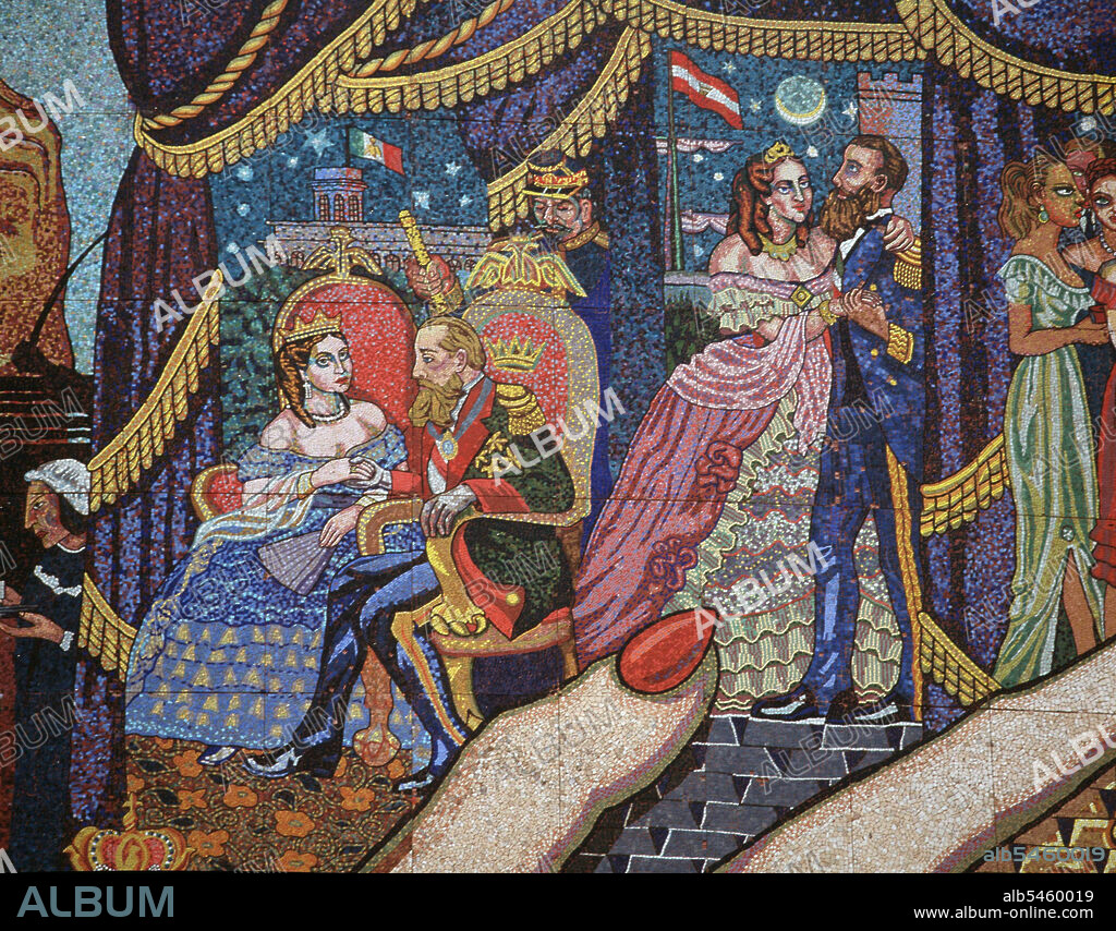 MAXIMILIANO I ( 1832 - 1867 ). ARCHIDUQUE DE AUSTRIA Y EMPERADOR DE MEXICO EN 1863.. DETALLE MURAL DONDE APARECE CON SU ESPOSA CARLOTA. TEATRO DE LOS INSURGENTES ., MEXICO.