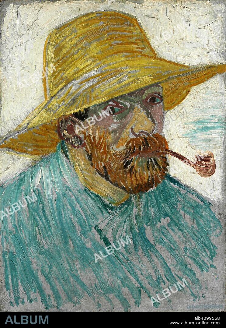 VINCENT VAN GOGH. Self-Portrait with Pipe and Straw Hat. Date: September-October 1887, Paris. Dimensions: 41.9 cm x 30.1 cm, 59 cm x 47.5 cm.