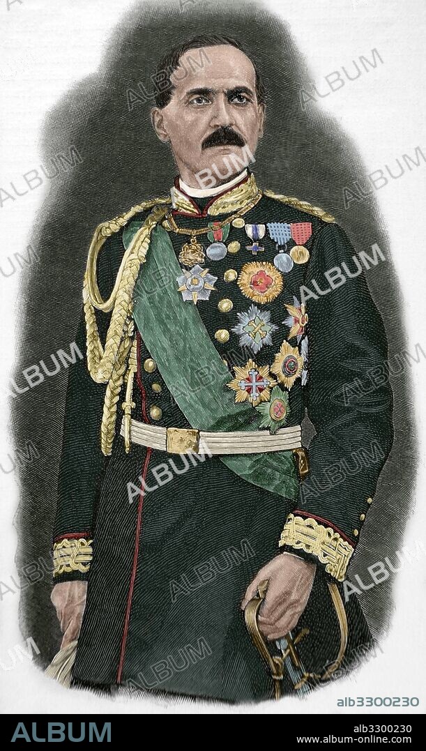 Luigi Federico Menabrea (1809-1896). Conde de Menabrea y Marqués de Valdora. General Italiano. Estadista y matemático que sirvió como el primer ministro de Itala, 1867-69. Retrato. Historia Universal, 1885, Grabado. Coloreado.