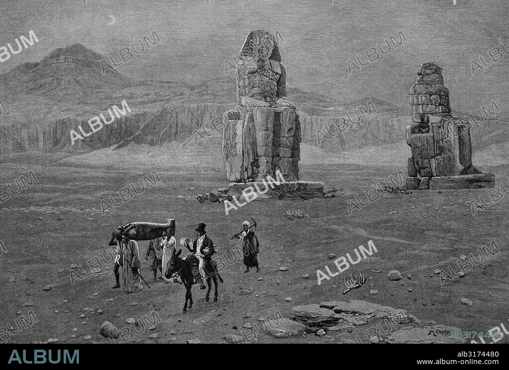 Archaeologist jean-francois champollion the younger, 1790-1832, at the colossi of memnon in egypt, woodcut, 1888, historic engraving.
