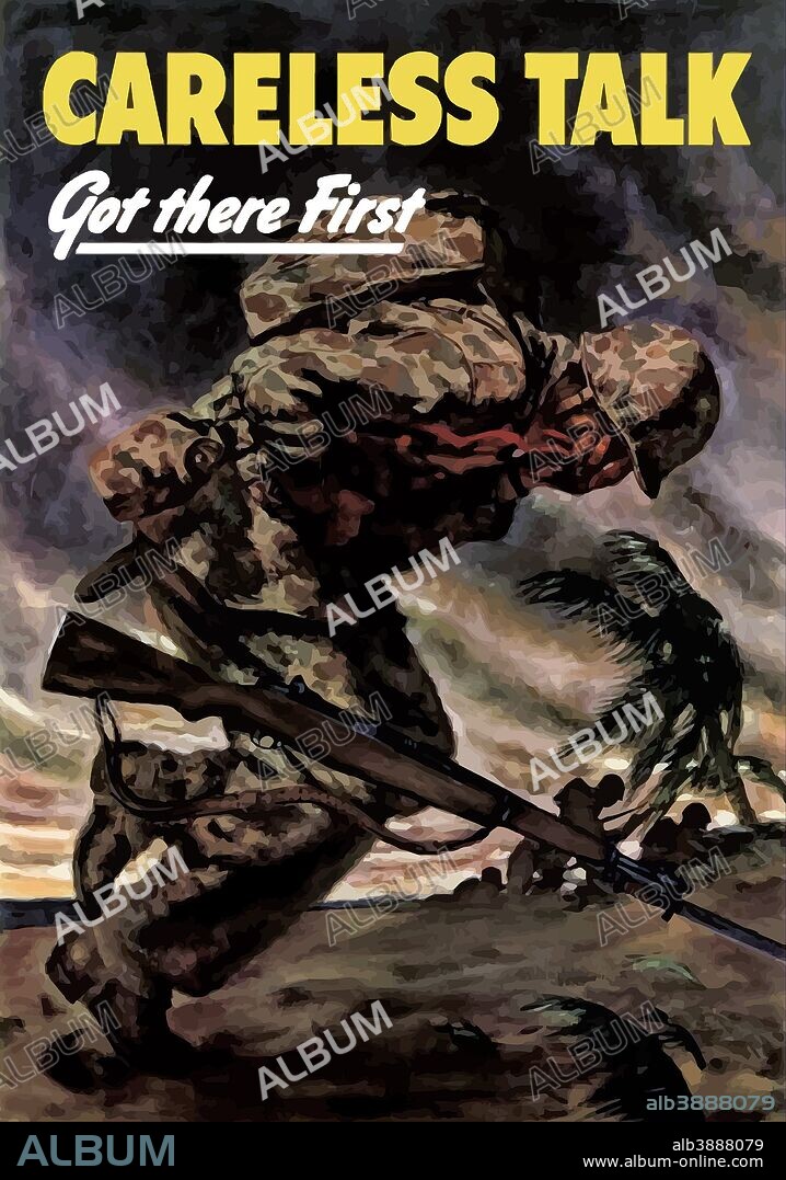 Digitally restored war propaganda poster. This vintage World War Two poster features an American soldier being gunned down during battle in the Pacific Theater. It declares - Careless Talk Got There First.