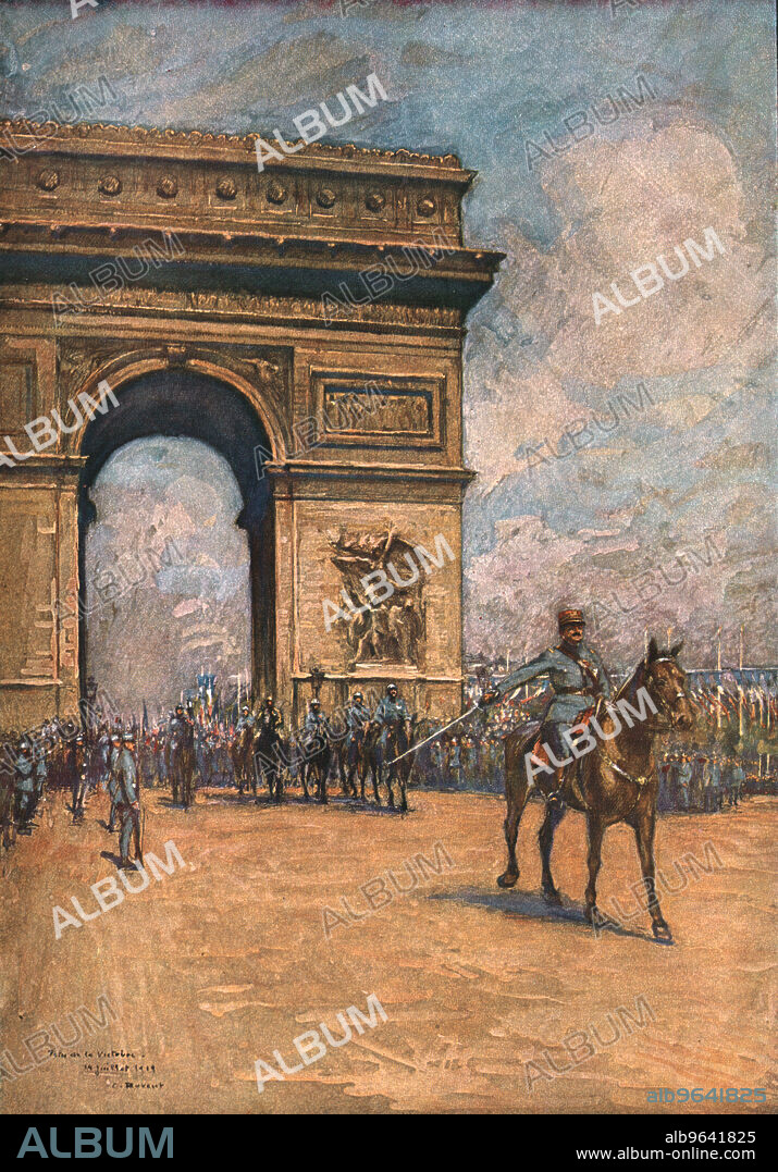 CHARLES-JULES DUVENT. 'Le jour de gloire; Le General Mangin, en tete de l'Armee Coloniale, passe sous l'Arc de Triomphe et salue de l'Epee', 1919. From "L'Album de la Guerre 1914-1919, Volume 2" [L'Illustration, Paris, 1924].