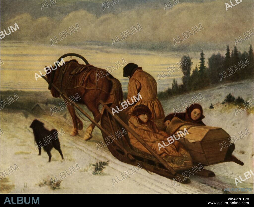 VASILY PEROV. 'Accompanying the dead', 1865, (1965). A Russian family transporting a coffin through the snow on a sledge. Painting, also known as 'Seeing off the Dead', or 'Last Journey', in the State Tretyakov Gallery, Moscow. From "Russian Painting of the 18th and 19th Centuries" by Vladimir Fiala. [Artia, Czechoslovakia, 1965].