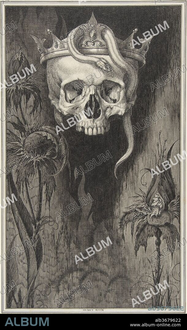 Skull Crowned with Snakes and Flowers, The Duchess of Malfi. Artist: Henry Weston Keen (British, 1899-1935 Walberswick, Suffolk). Author: John Webster (British, ca. 1580-ca. 1634). Dimensions: sheet: 6 1/8 x 9 1/2 in. (15.6 x 24.1 cm)
sheet: 22 x 14 5/8 in. (55.9 x 37.1 cm). Date: ca. 1930.
Keen worked as a printmaker and illustrator in the 1920s and 1930s, creating unsettling symbolist images reminiscent of Aubrey Beardsley. Two significant commissions were designs for luxury editions published by The Bodley Head-a firm that had launched Beardsley in the 1890s-Oscar Wilde's "Picture of Dorian Gray" (1925) and John Webster's "The White Devil and The Duchess of Malfi" (1930). After Keen's early death from tuberculosis, The Twenty-One Gallery in London held a memorial exhibition.