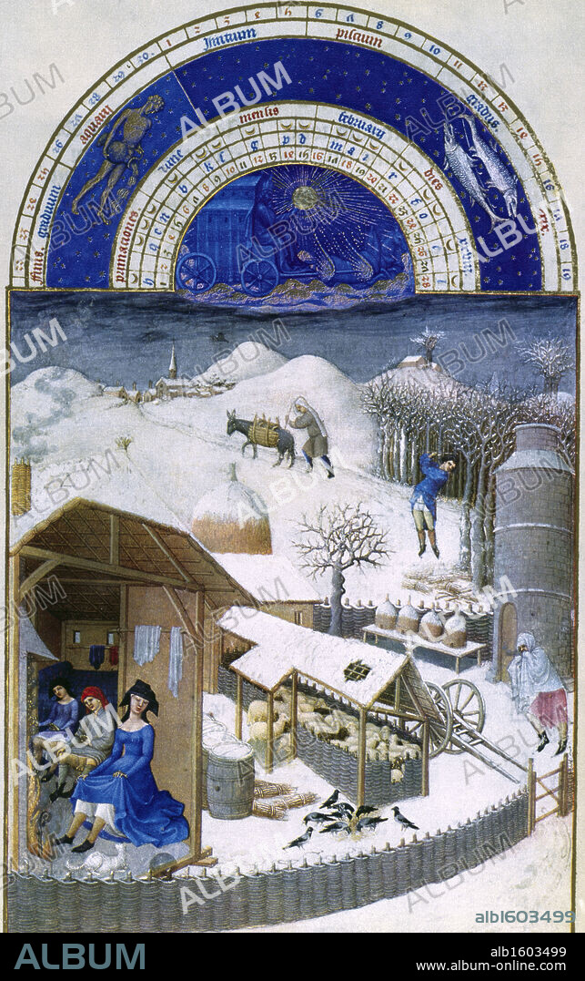 Winter On The Farm, 15th C., Limbourg Brothers (Fl.1400-1416/Flemish).