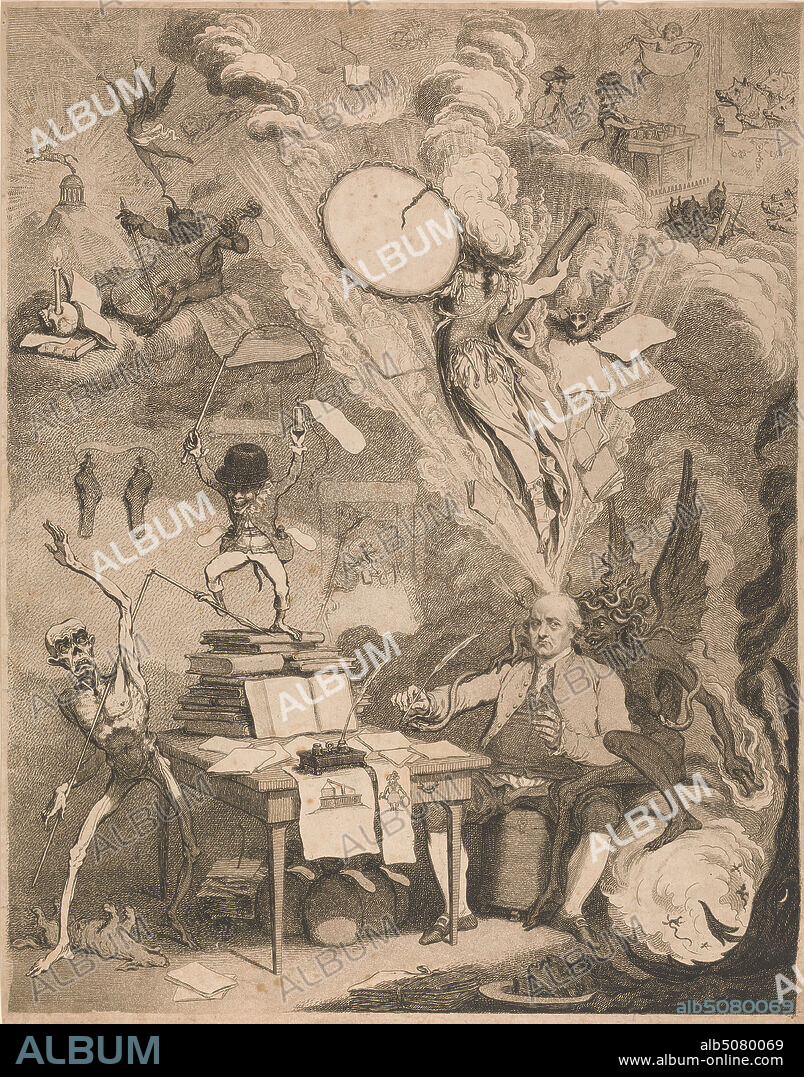 Lieu't Gover'r Gall-Stone, inspired by Alecto; or The Birth of Minerva, James Gillray, 17571815, British, 1790, Etching, aquatint and stipple engraving, proof before letters, angels, books, candle, demons, desk, dog (animal), figure study, inkwell, owl, Pegasus, pigs, quills, religious and mythological subject, skull, smoke, whip.