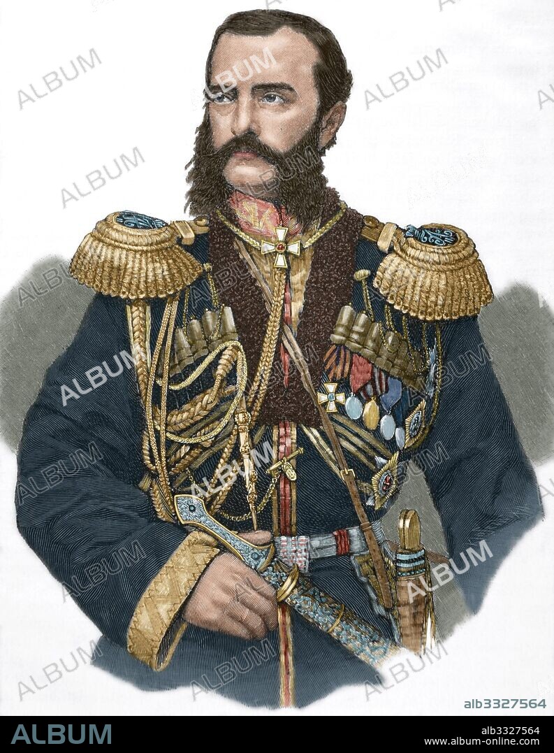 Gran duque Miguel Nikoláyevich de Rusia (1832-1909). Séptimo hijo y cuarto varón del zar Nicolás I de Rusia y su esposa Carlota de Prusia (Alejandra Fiódorovna). Retrato. Grabado. Historia Universal, 1885. Coloreado.