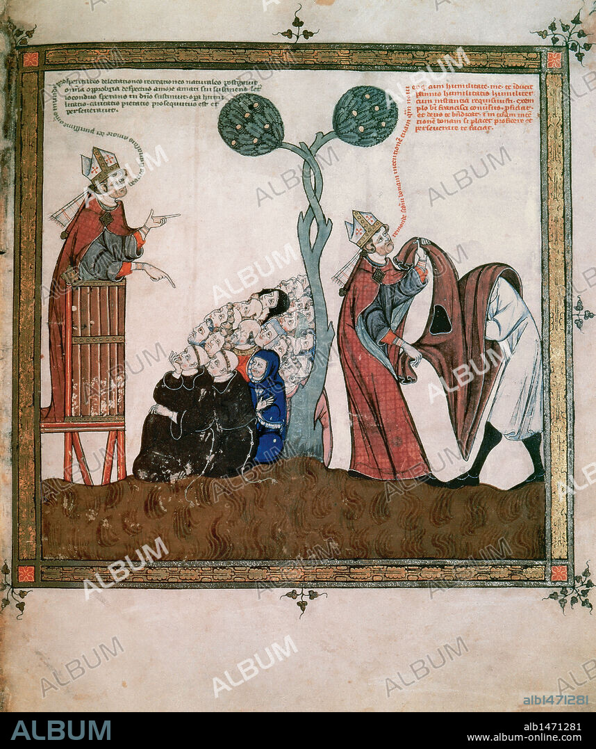 LLULL, Ramon (1233-1315 ó 1316). Filósofo y literato mallorquín. "CONVERSION DE RAMON LLULL". 1) Predicación del obispo en el Convento de los Hermanos Menores en Mallorca. 2) Ramon Llull tomando el hábito "Electorium Parvum Seu Breviculum". Códice St. Peter. Pergamino 92. Biblioteca de Baden en Karlsruhe. Alemania. Miniatura folio 2r (facsímil) .