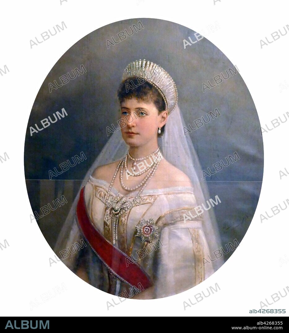 Portrait of the Tsarina of Russia, Alexandra of Russia. Alexandra Feodorovna (1872 – 17 July 1918) was Empress of Russia as the spouse of Nicholas II—the last ruler of the Russian Empire, from their marriage on 26 November 1894 until his forced abdication on 15 March 1917.