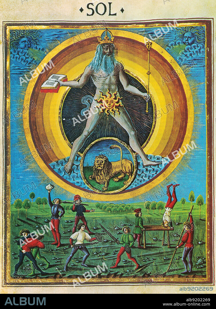 Astrology illustration of Leo ruled by the Sun (Sol) from the Fifteenth Century Lombard Manuscript De Sphaera. The Lion, depicted in the image, is the astrological symbol for Leo (which is latin for lion). Leo is considered a masculine sign and a fire sign, which are also both represented in the artwork.