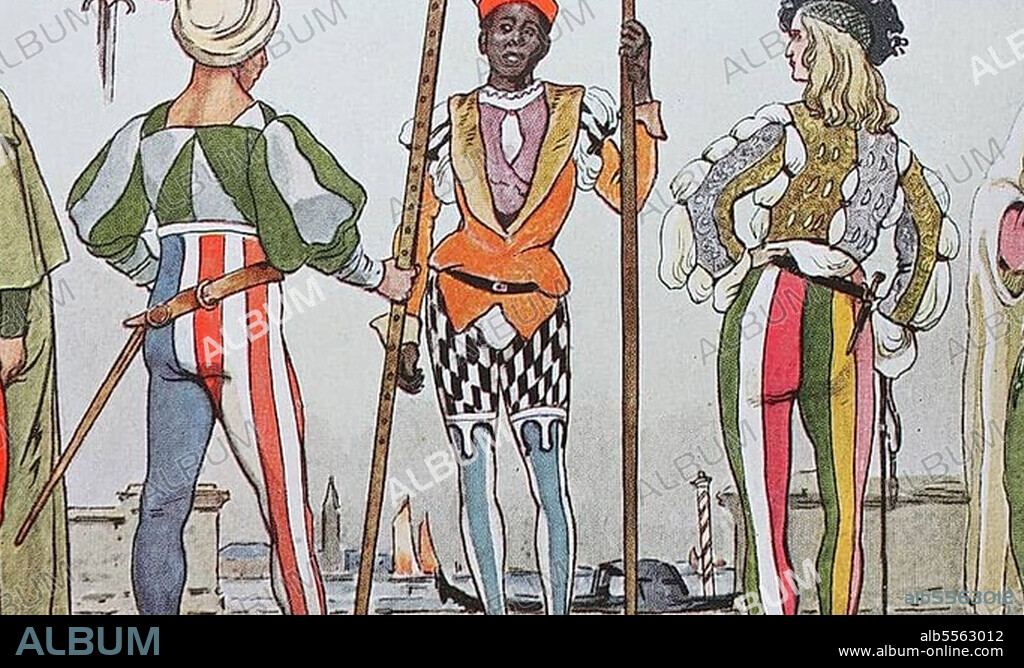Kleidung, Mode in Italien zur Zeit der Hochrenaissance um 1500, von links, ein junger Mann aus Padua, ein Soldat mit Turban, ein venezianischer Neger als Gondelführer und ein junger Mann aus Siena, digital restaurierte Reproduktion einer Originalvorlage aus dem 19. Jahrhundert.