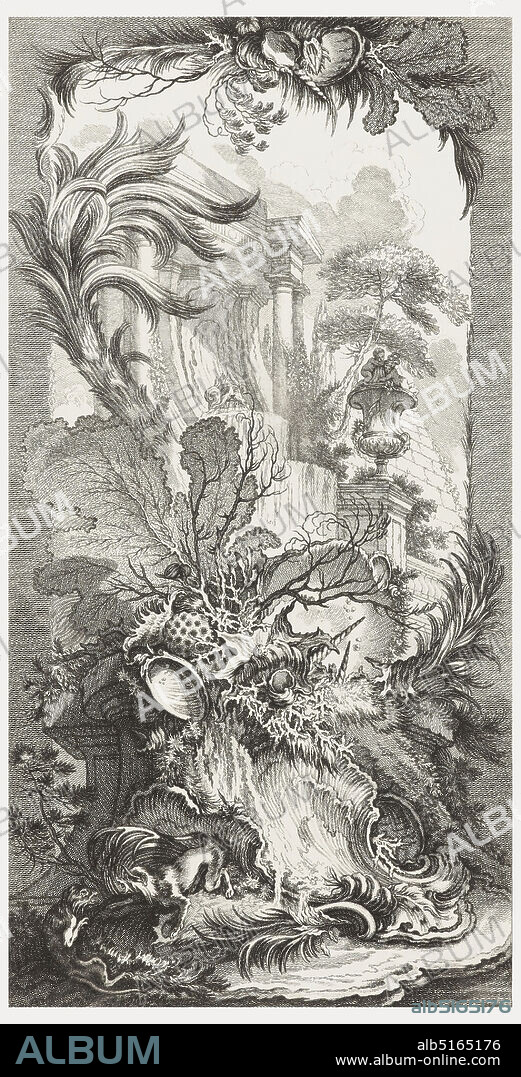 Rocaille (Rock Garden), from Nouveaux morceaux pour des paravants (New Designs for Screens), François Boucher, French, 1703 1770, Claude Augustin Duflos, French, 17001786, Nicolas de Larmessin IV, French, 1684 - 1755, Etching and engraving on white laid paper, One of a set of five panels for a fold-up screen. Vertical panel design. View of architectural element with columns, large garden urn at right. Panel is dominated by an arrangement of shell, coral, large leaf, branch, and a palm leaf motif. A fantastical animal appears at bottom left., France, 1740, ornament, Print, Print.