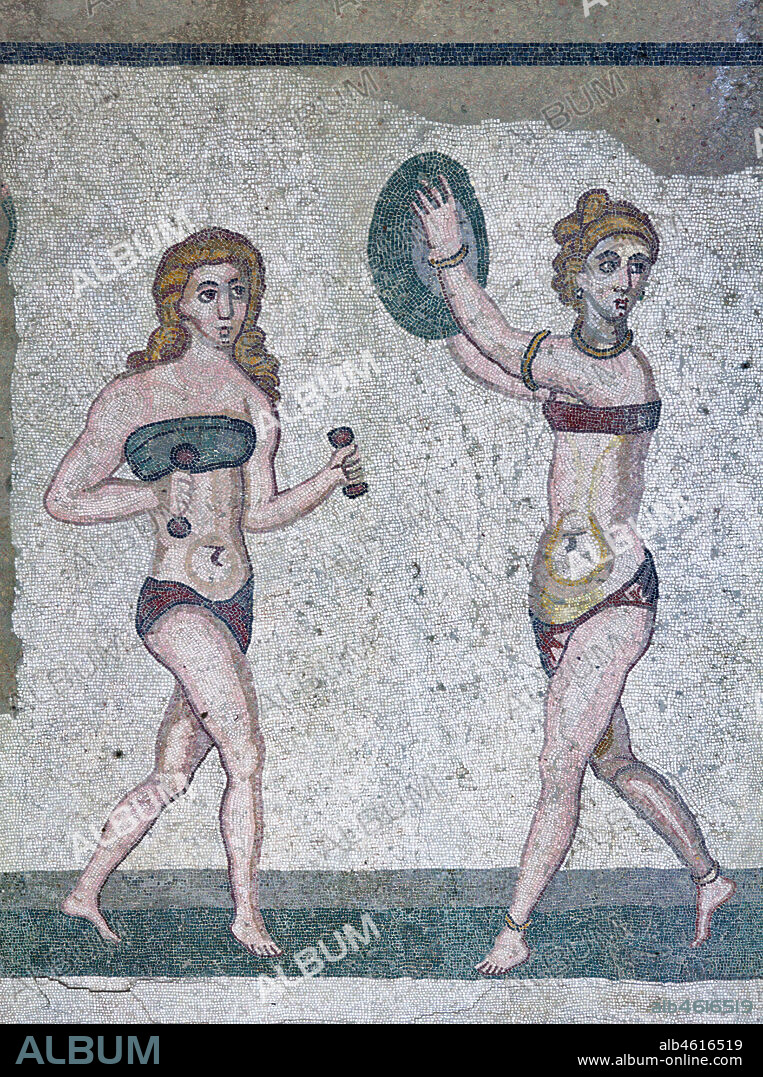 Piazza Armerina, Roman Villa of Casale, which was probably an imperial urban palace. Today it is a UNESCO World Heritage Site. Detail of the floor mosaic of the Room of the Girls representing athletes engaged in an athletics competition, wearing a two-piece swimsuit.. It can be said that the girls depicted show how the bikini is a Roman invention.