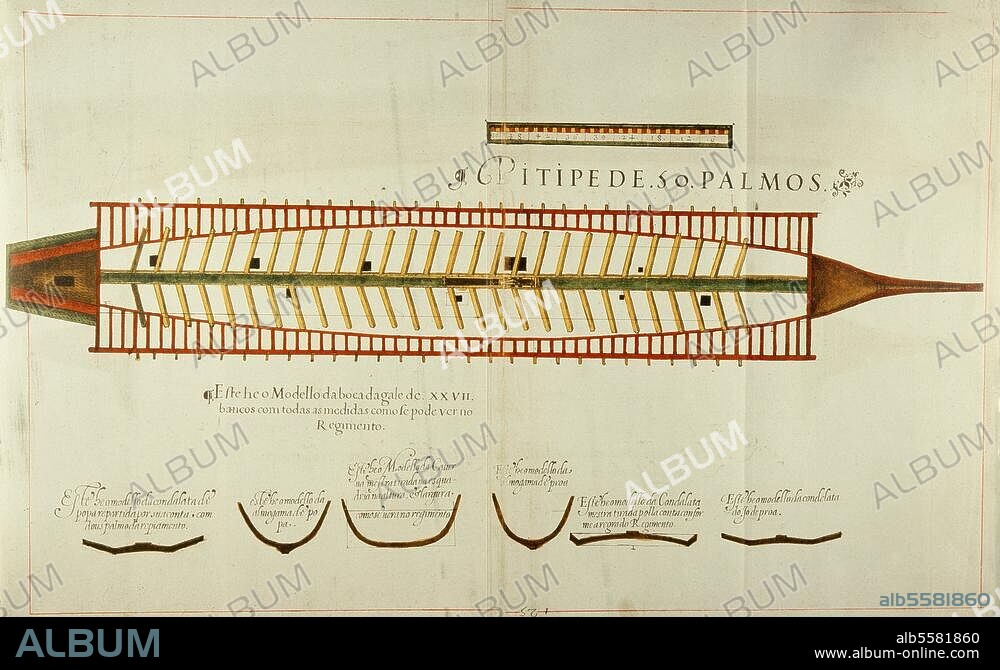 ANONYM. Schiffahrt / Schiffsbau. "PITIPE DE 50 PALMOS". Zeichnung. Aus: Manuel Fernandes, Livro de Tracas de Carpintaria, 1616, fol. 125. (Reproduktionsvorlage: Druck). Lissabon, Biblioteca da Ajuda.