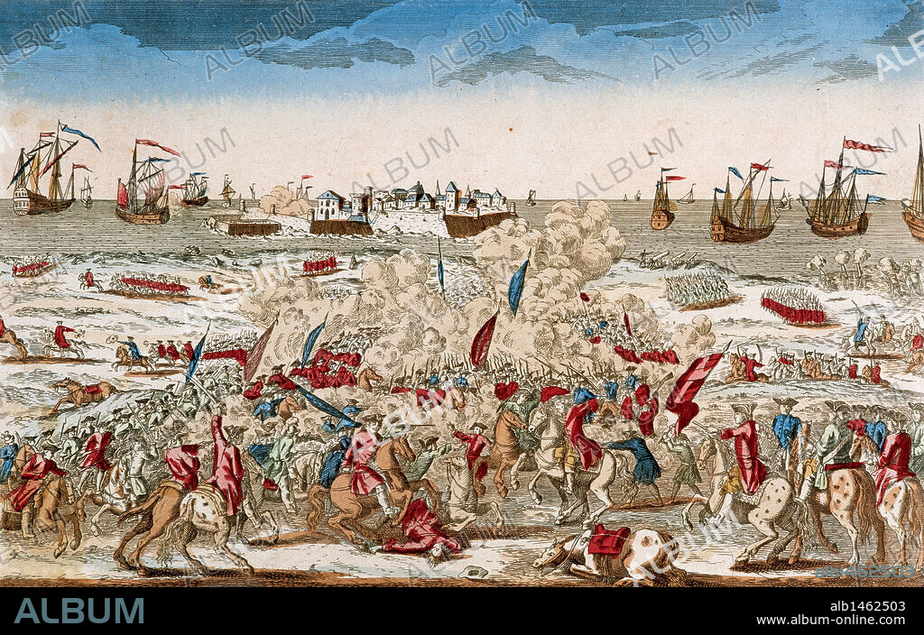 GUERRA DE LOS SIETE AÑOS. Conflicto que enfrentó a las principales potencias europeas por el control colonial. S. XVIII. 'GUERRA HISPANO-PORTUGUESA: BATALLA DE REMPORTEE' (1762). Tropas españolas y francesas, al mando del Conde de Aranda, contra los portugueses. Tras la contienda, el conde se apodera de Salvatierra y del Castillo de Segura, sobre el Tajo. Biblioteca Nacional. Madrid.