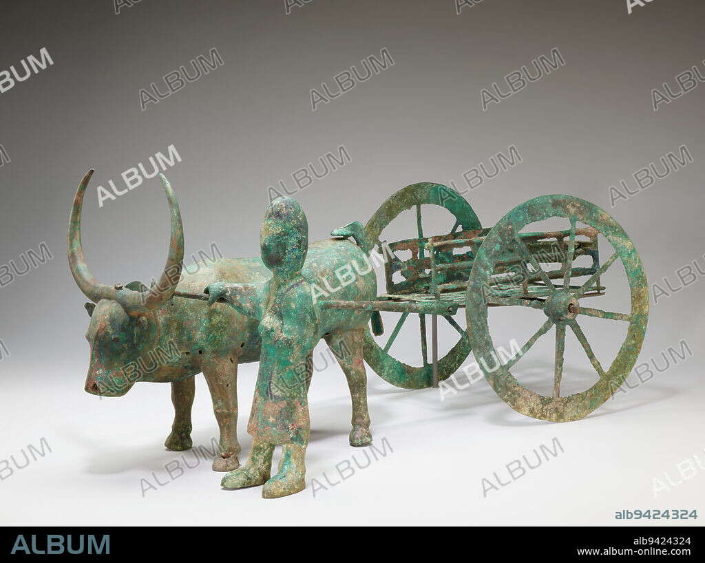 Cart with Ox and Farmer, 1st century, Overall length: 69cm, Bronze, China, 1st century, Cast nearly two-thousand years ago, this bronze oxcart would have been placed in an upper-class tomb to serve as an auspicious emblem of plentiful harvests through all eternity. For centuries, the Chinese have associated agriculture and the noble work of farmers with peace and prosperity. A tomb object like this would have ensured prosperity for the afterlife.
