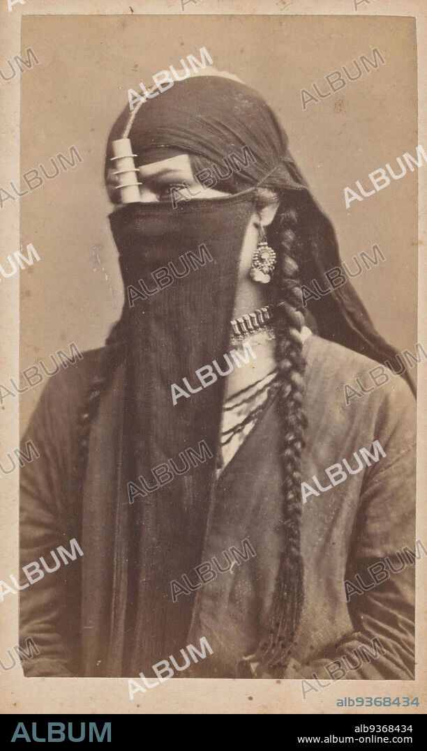 Portrait of an Arab woman with braids, earrings and necklace, Femme Arabe (title on object), Félix Nadar, Utrecht, 1878 - 18790, paper, albumen print, height 104 mm × width 63 mm.